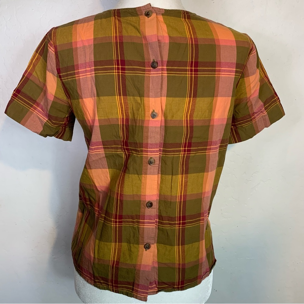 Madewell Size XXS Plaid Blouse Top Button Down Back Orange Red Short Sleeve - Picture 3 of 7